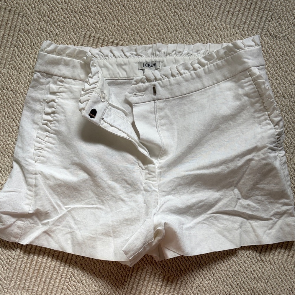 J. Crew White Ruffle-Waist High Waist Linen-Blend Shorts